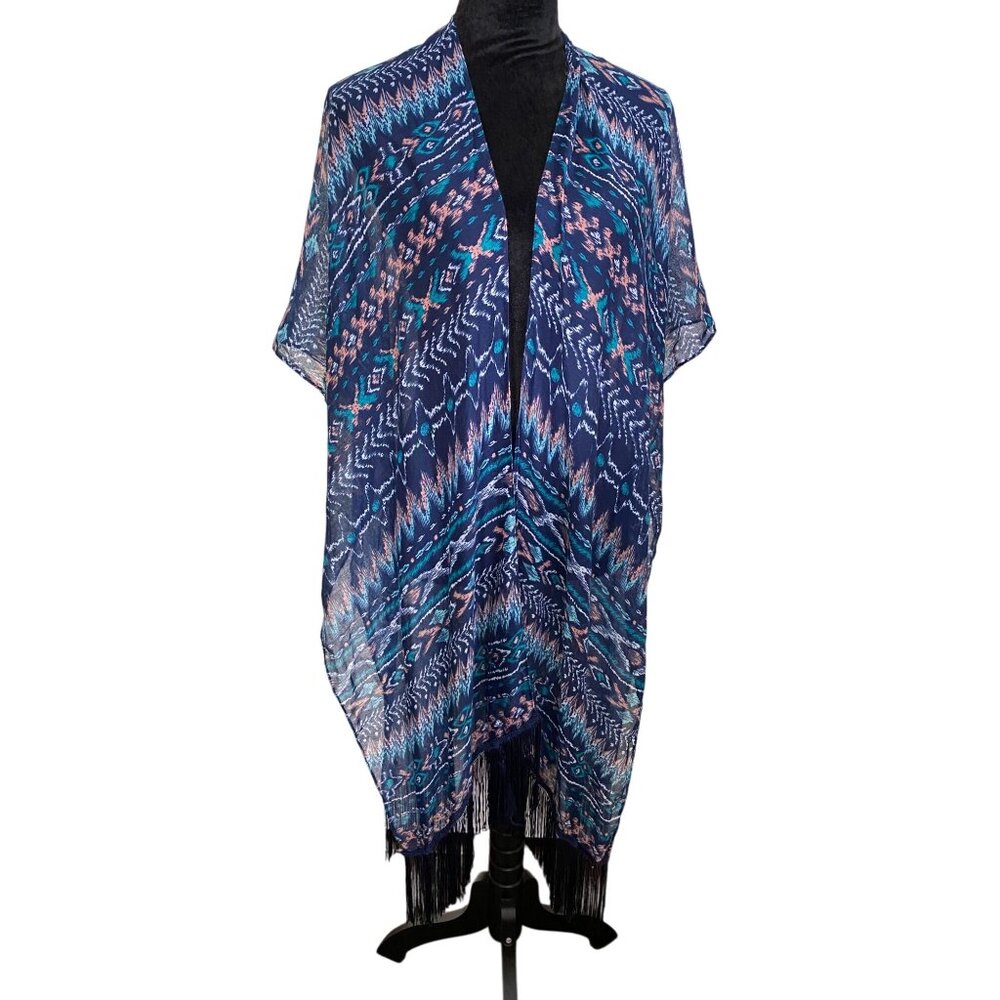 Women’s Navy Blue Teal Pink Geometric Fringe Kimono Wrap Boho Festival Cover Up